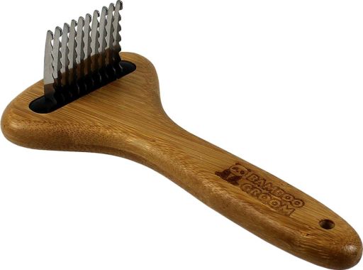 Bamboo Groom Dematting Rake with Stainless Steel Serrated Blades for Pets  Small/Medium
