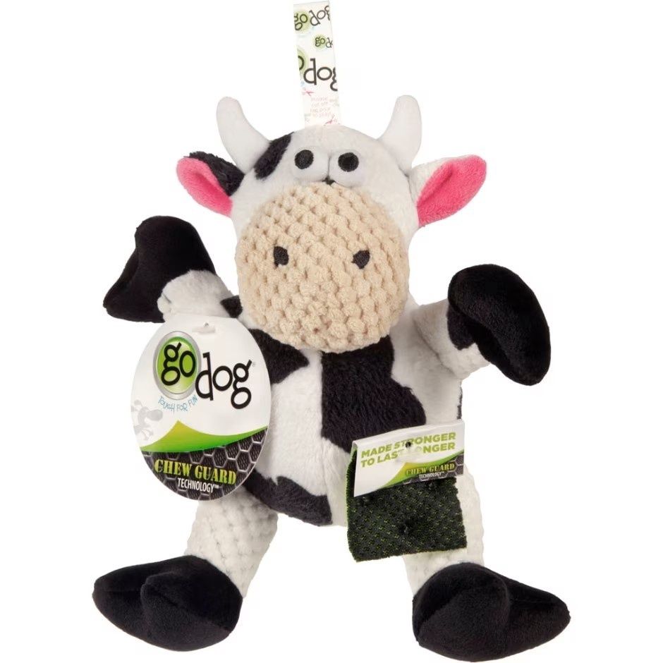 goDog Checkers Sitting Cow Squeaky Plush Dog Toy  Chew Guard Technology - White  Small