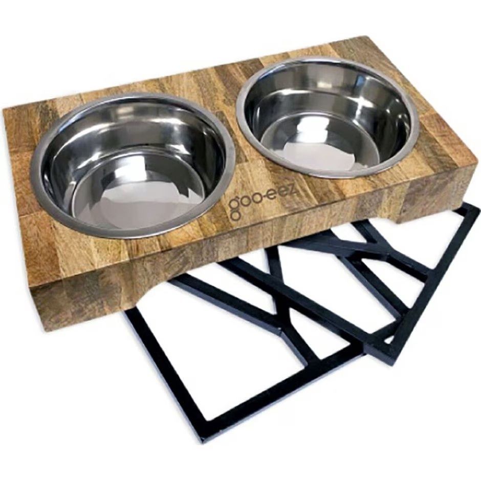 GOO-EEZ 3-IN-1 ADJUSTABLE MANGO WOOD DOUBLE DINER FEEDER