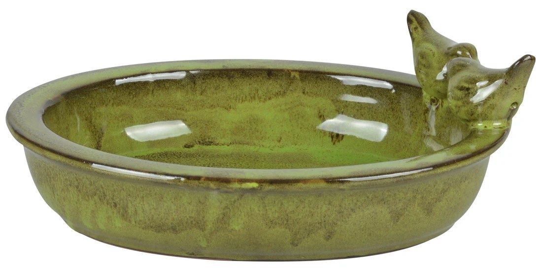 Esschert Design Ceramoc Birdbath W/Birds, Color: Green