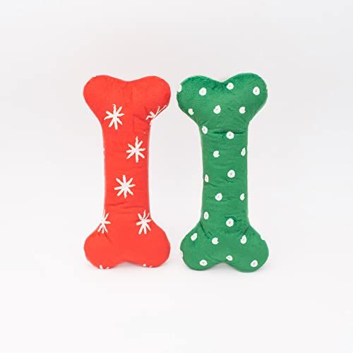 ZippyPaws - Holiday Patterned Bones - Soft Squeaker Plush Dog Bone Toy - Large, 2 Pack