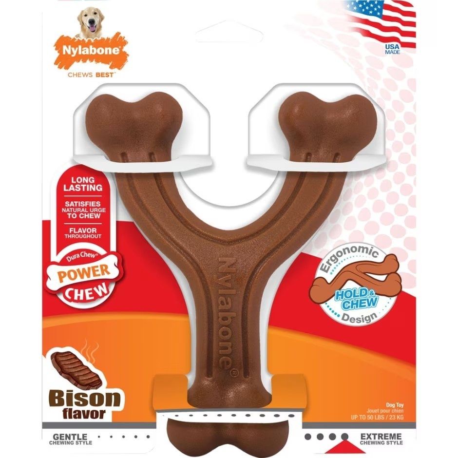 Nylabone Ergonomic Hold &amp; Chew Wishbone Power Chew Durable Dog Toy Bison Large/Giant