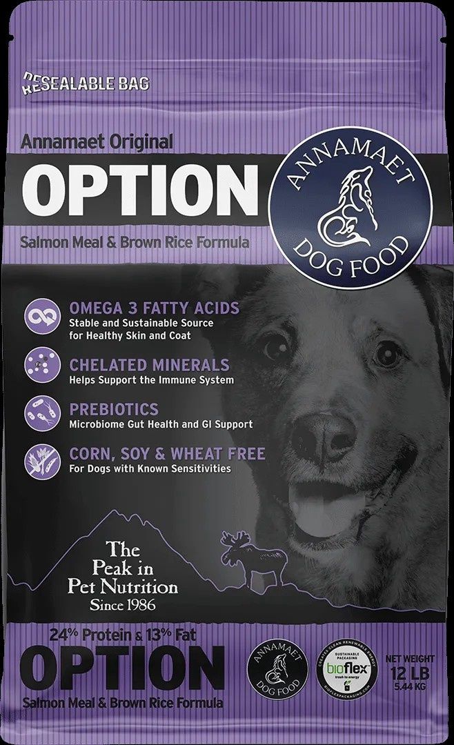 Annamaet Original Option Formula Dry Dog Food, 24% Protein (Salmon &amp; Brown Rice), Size: 12-lb