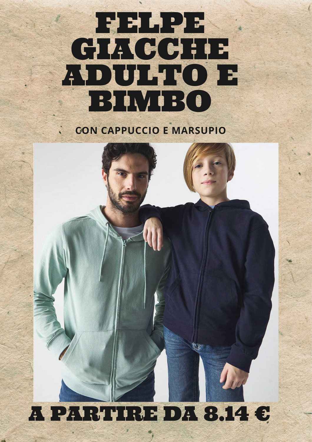 Felpa giacca con cappuccio e marsupio adulto e bimbo