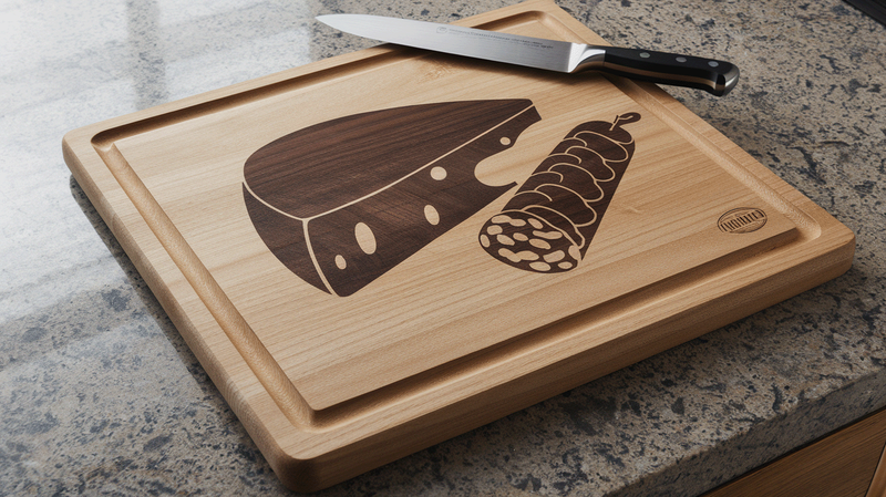 Schneidebrett 30 cm x 40 cm Intarsien "Wurst und Käse" Ahorn/Walnuss