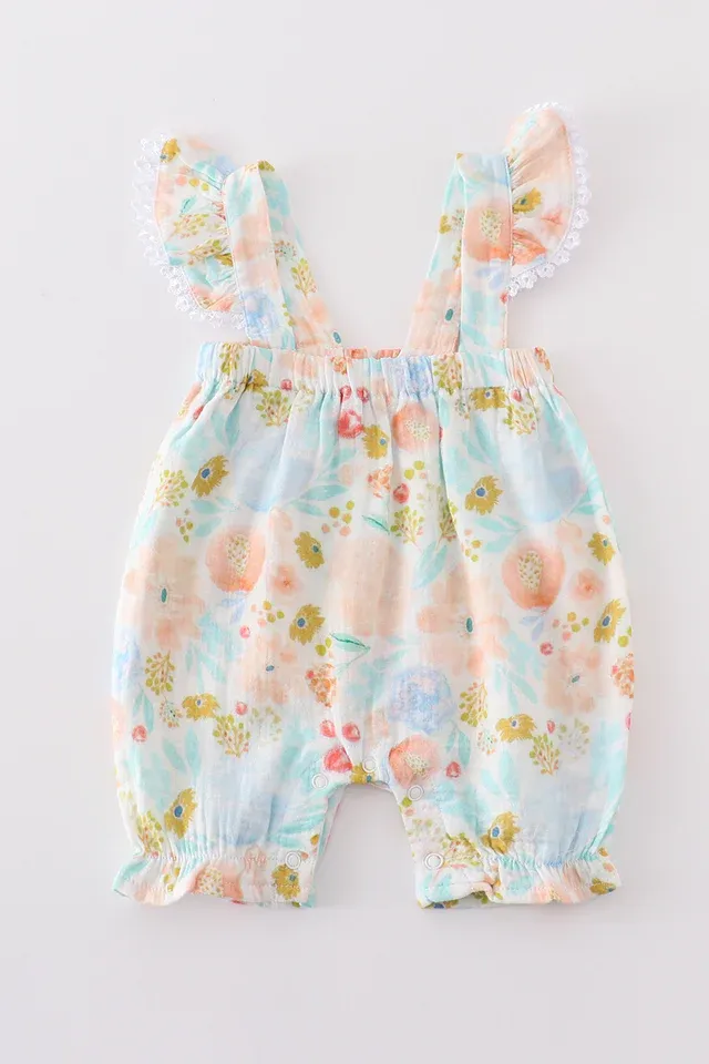 Premium Blue &amp; pink muslin floral ruffle romper