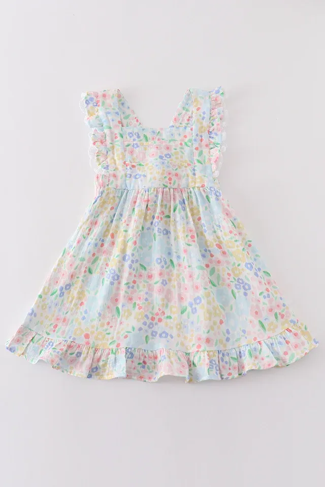 Premium Blue muslin floral ruffle dress