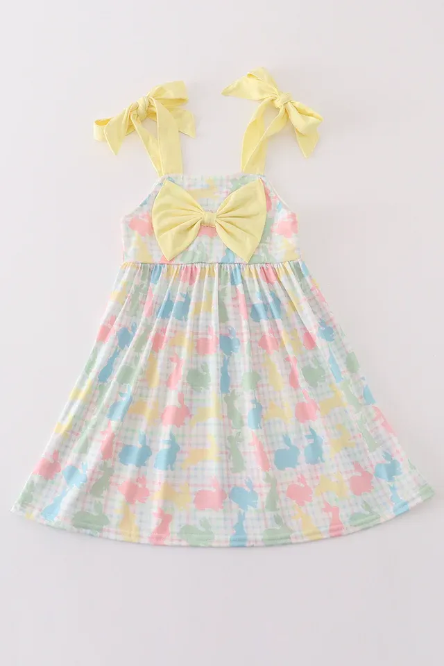 Easter bunny print bow girl dress