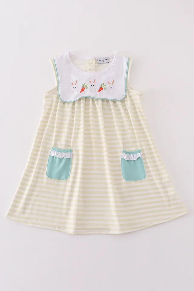 Easter stripe bunny embroidery girl dress