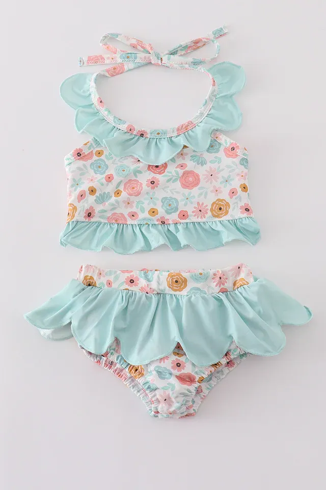 Minty floral bloom print 2pc girl swimsuit