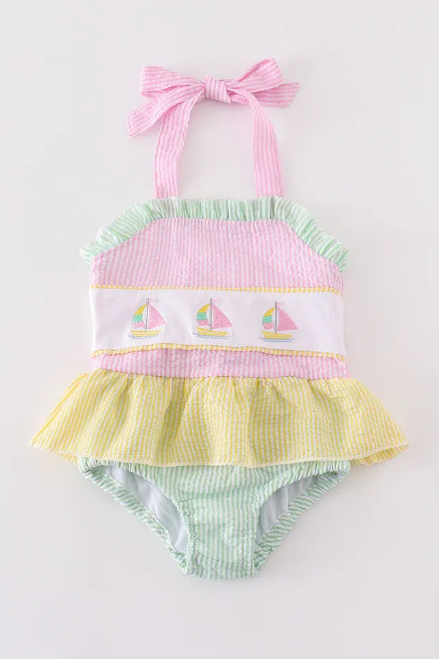 Seersucker sailboat embroidery girl swimsuit