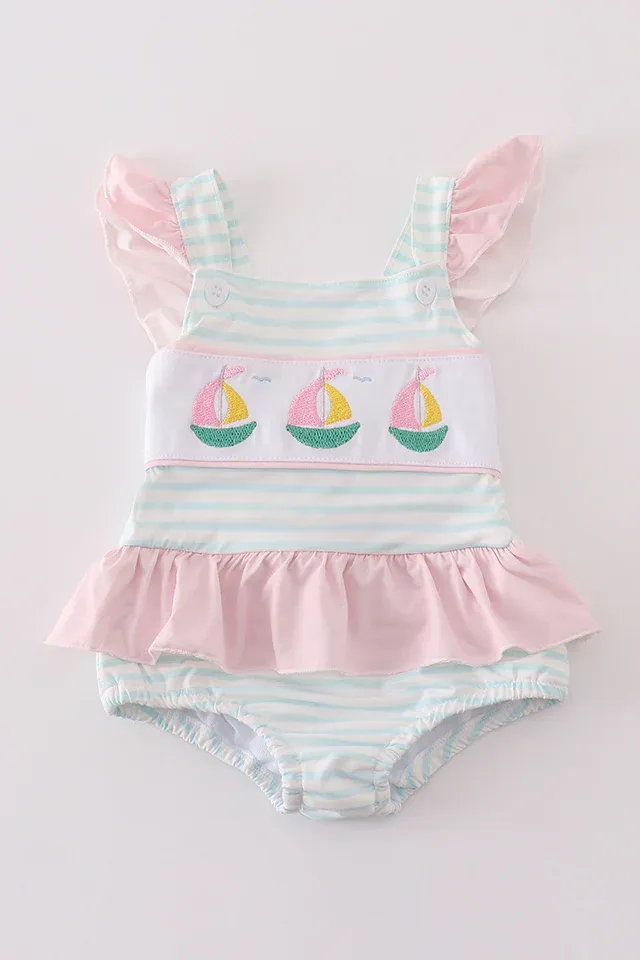 Pink sailboat embroidery girl swimsuit