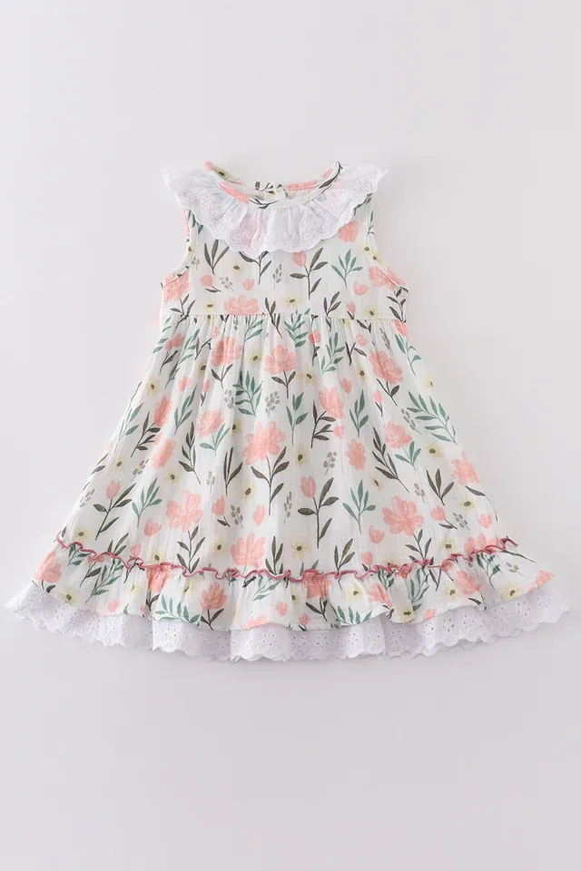 Premium Pink muslin floral ruffle dress