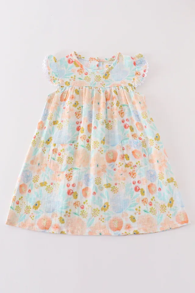 Premium Blue &amp; pink muslin floral ruffle dress