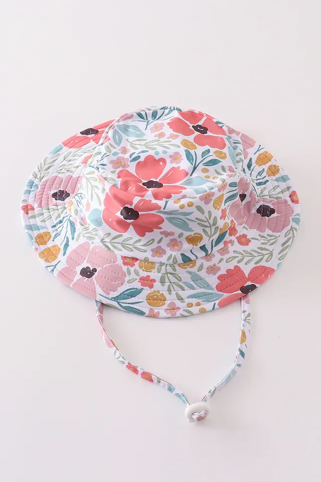 White &amp; green floral print sun hat