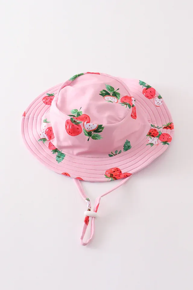 White &amp; pink stripe strawberry print sun hat