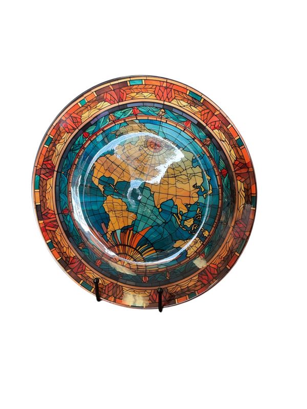 Colorful Stained Glass-Style World Map Plate