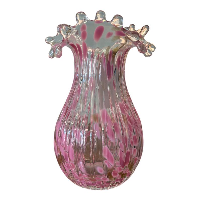 Clear Hand-Blown Vase with Pink and Gold Glitter Accents