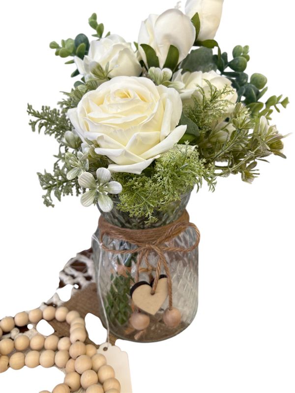 White Roses Heart Glass Vase