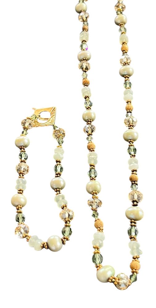 10” Gold Over Sterling Silver Glass Beaded & Pearl Necklace with Matching 8” Bracelet