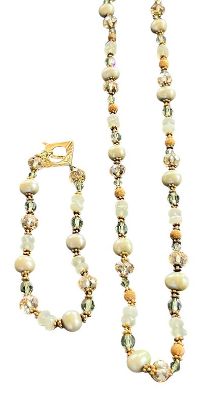 10” Gold Over Sterling Silver Glass Beaded & Pearl Necklace with Matching 8” Bracelet