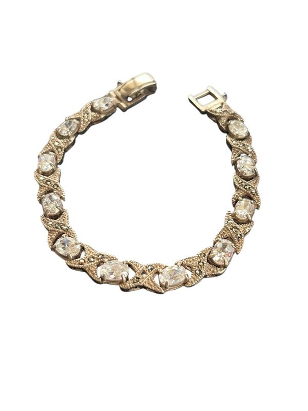 8” Vintage Clear Marcasite Sterling Silver Bracelet