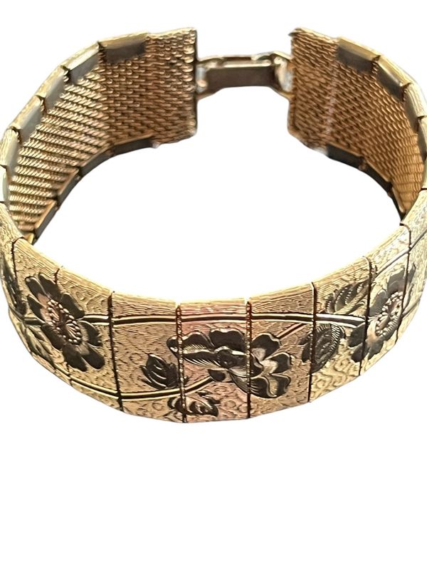 Vintage Gold-Filled Etched Floral Panel Bracelet