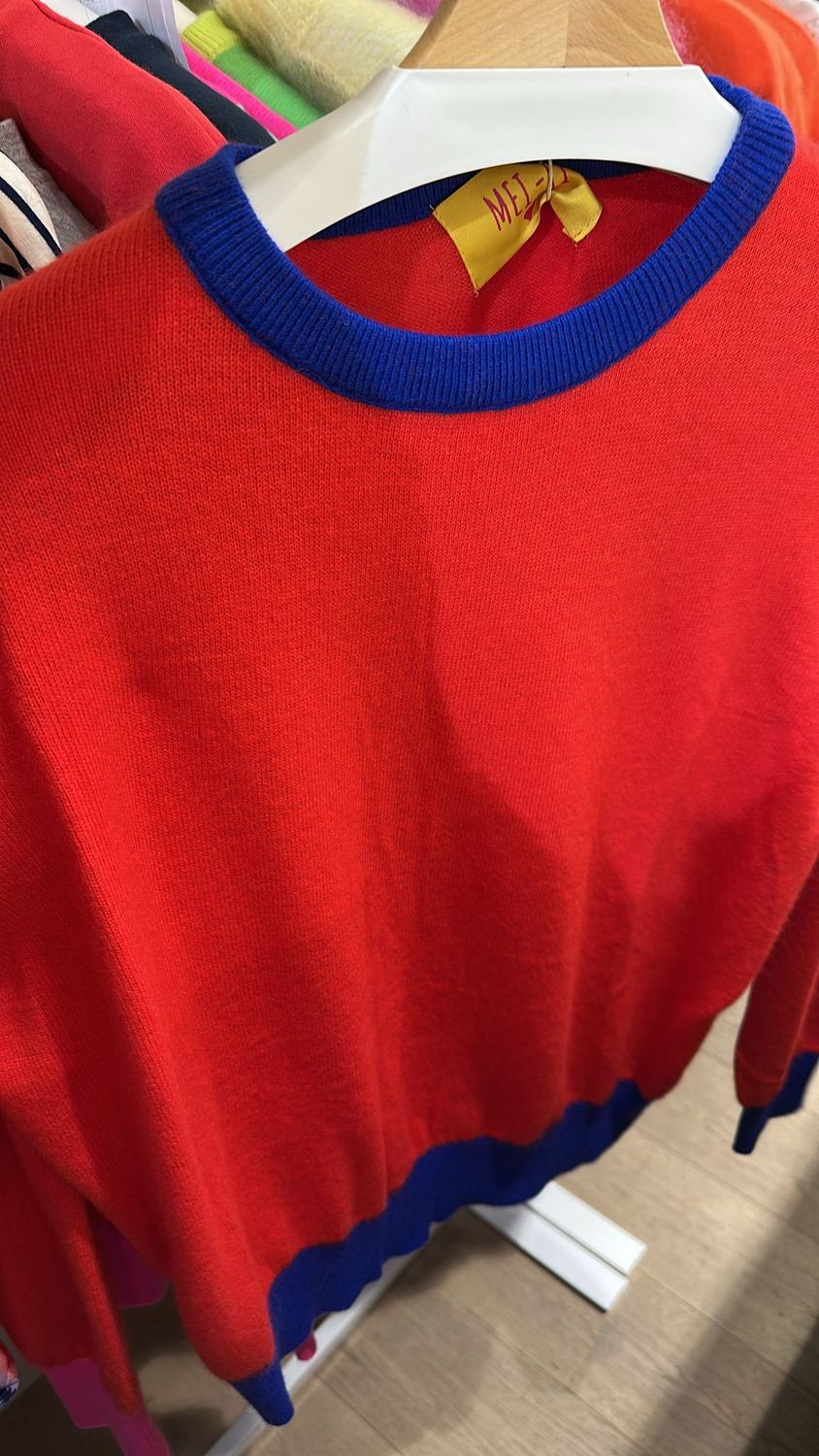 Luxe trui colorblock rood en donkerblauw