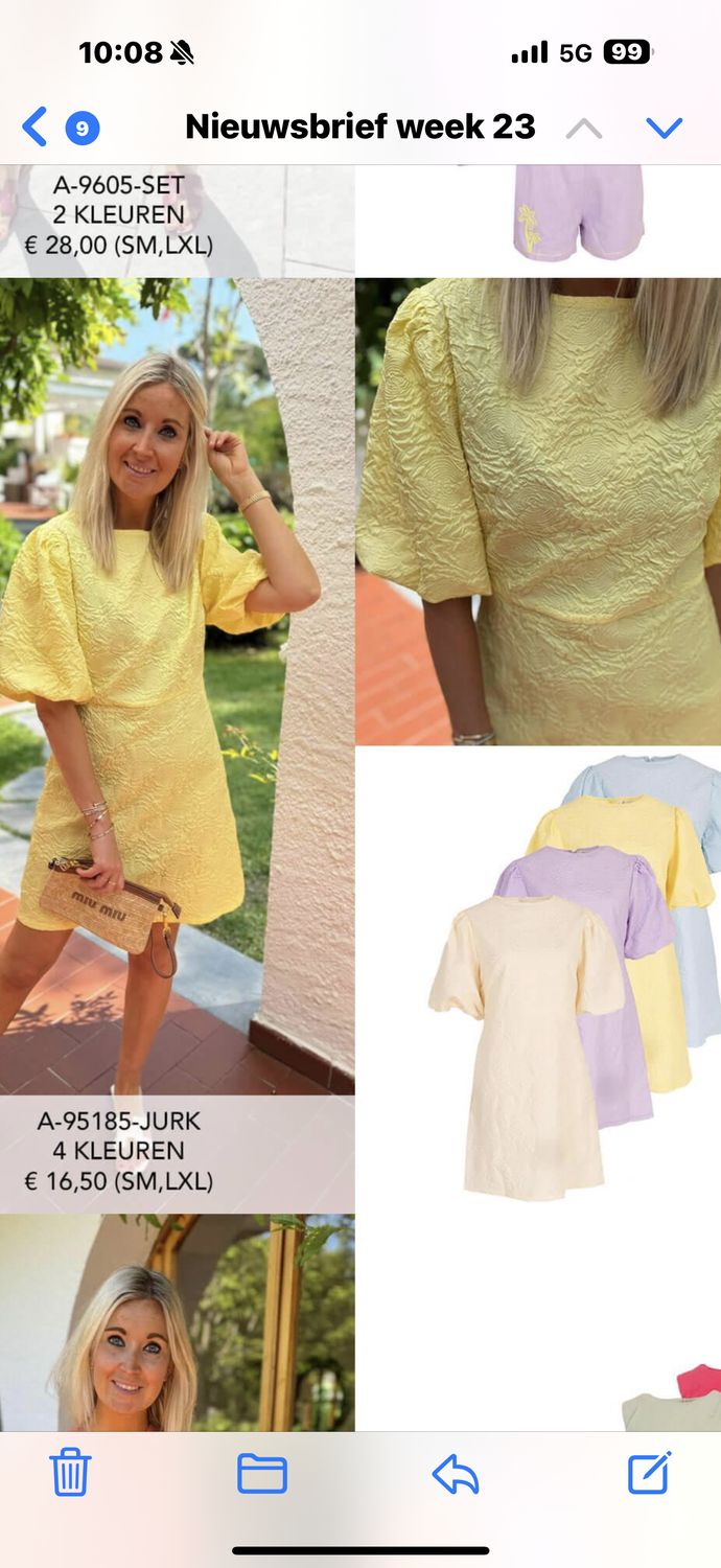 Kort kleed azzurro geel en ecru