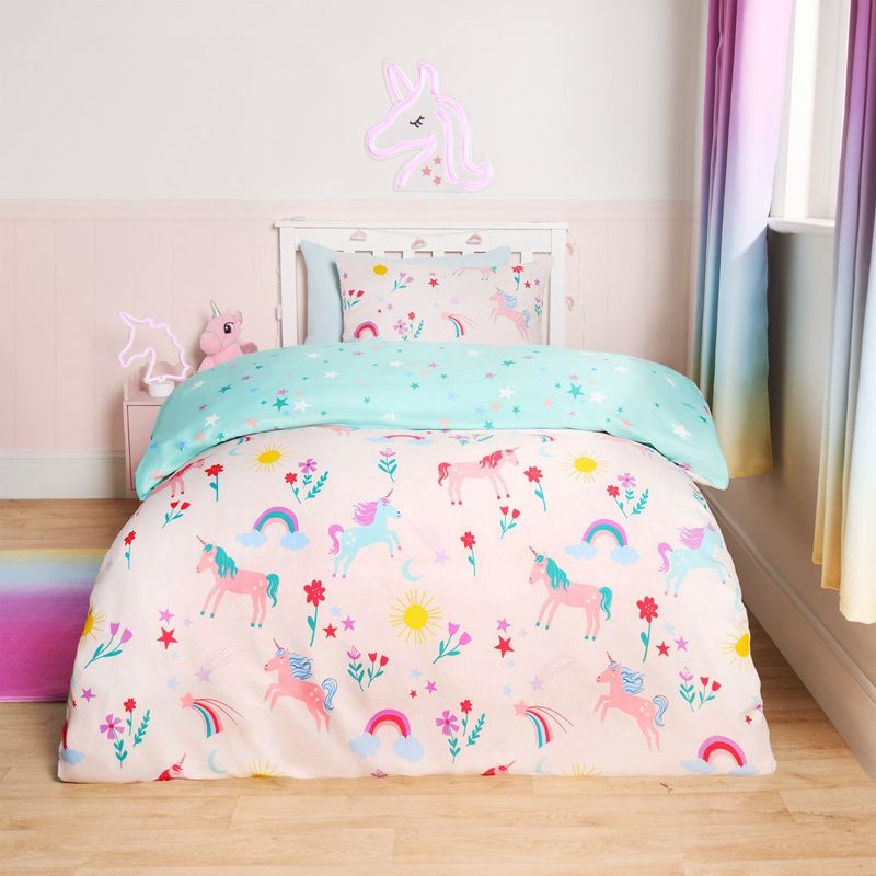 Reversible Bright Blue and Rainbows Bedding