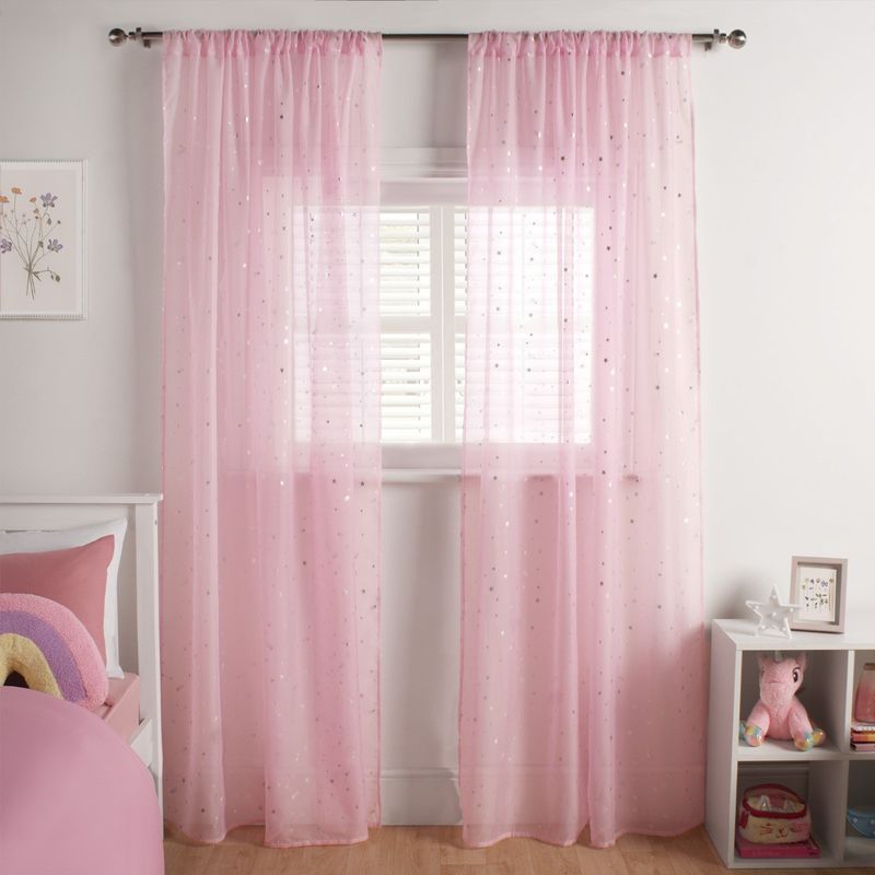 ​Metallic Star Print Slot Top Voile Curtains in Pink