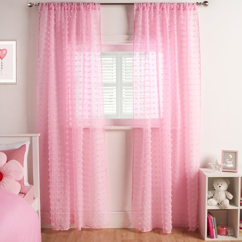 Pink tufted Pom Pom Voile pair Curtains