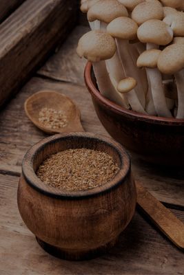 Wooden bowl of functional mushroom extract powder alongside fresh whole mushrooms on rustic wood surface — Steel Ridge Farm