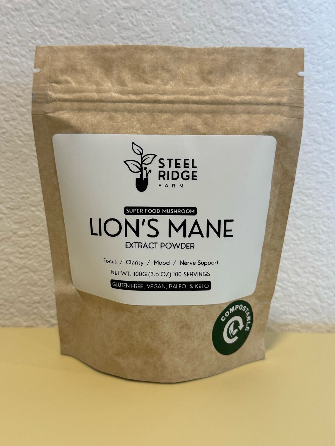 Lion's Mane Extract Powder 100g compostable kraft bag — dual-extract, 100 servings, Steel Ridge Farm, Idalia, CO