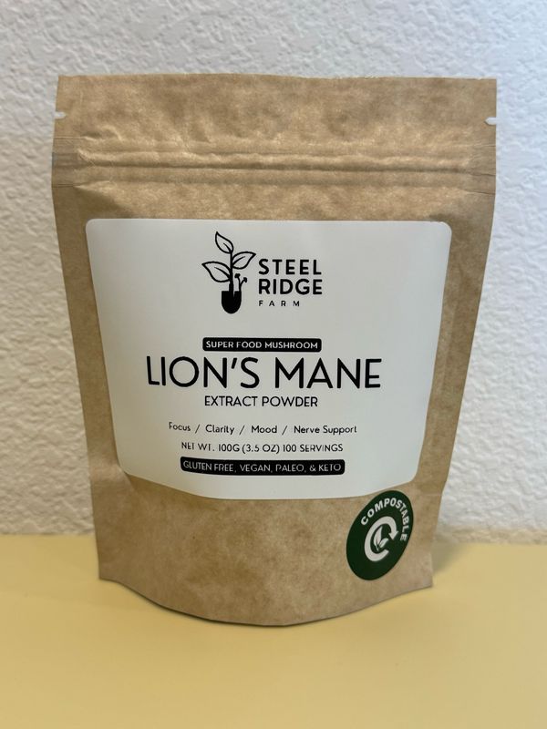 Lion's Mane Extract Powder 100g compostable kraft bag — dual-extract, 100 servings, Steel Ridge Farm, Idalia, CO