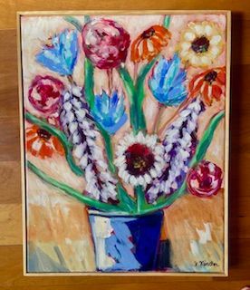 Blue Pot with Large Flowers