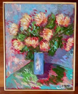 Blue Vase with Yellow and Red Flowers