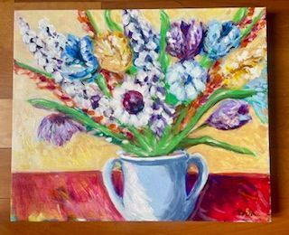Double Handled Blue Pot with Flowers