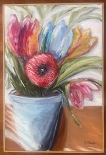 Large Blue Flower Pot with Tulips