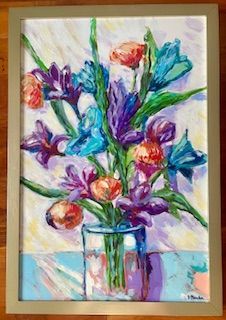 Glass Vase with Irises and Red Flowers