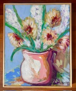 Pink Pot with Yellow Flowers