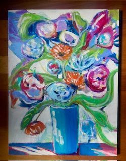 Tall Blue Vase with Large Flowers
