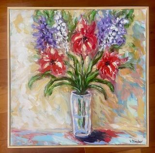Tall Flowers in Glass Vase with Yellow Background