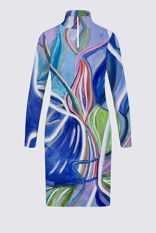 Large Blue Abstract Flower Victoire Zip-up Sweater Knit Dress