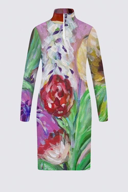 Large flowers with pink and red backgroun Victoire Zip-up Sweater Knit Dress