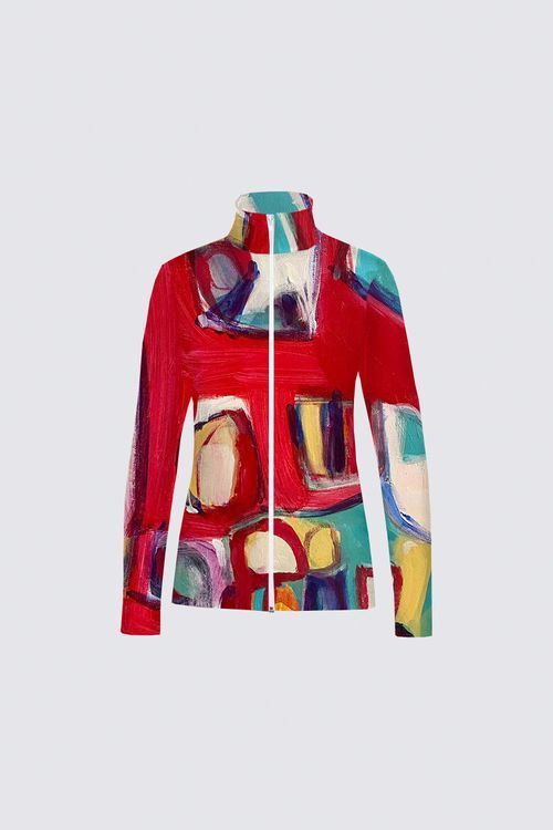 Abstract Shapes on Red Catherine Full-zip Active top