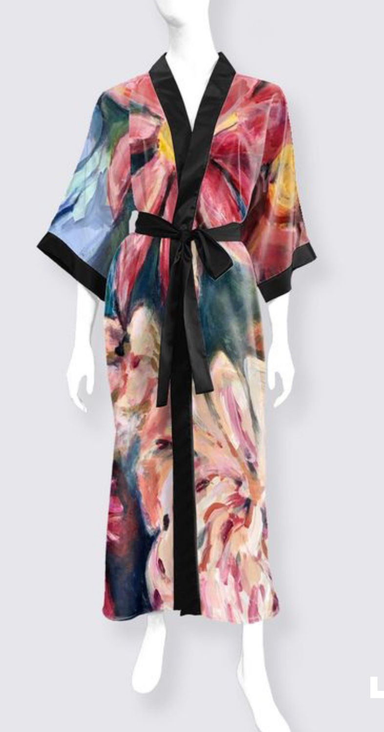 Large Floral Phoenix Long Satin Kimono