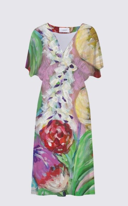 Large Flowers with Pink and Red Background Sarah V-Neck Dress