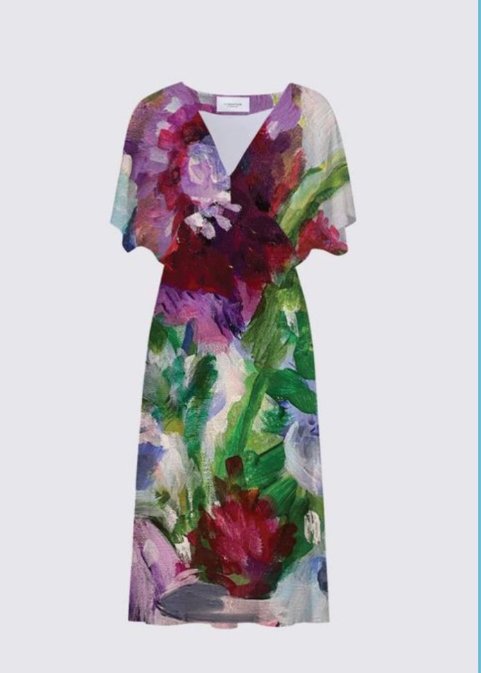 Maroon and Yellow Flowers Sarah V-Neck Dress Maroon and Yellow Flowers Sarah V-Neck Dress