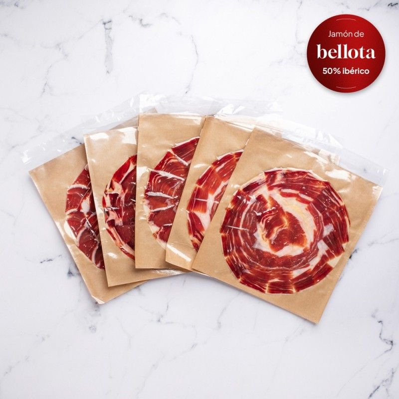 Jamón Ibérico 50% Bellota 8,5 - 9,0 kg  cortado a cuchillo , envasado de 100 gr